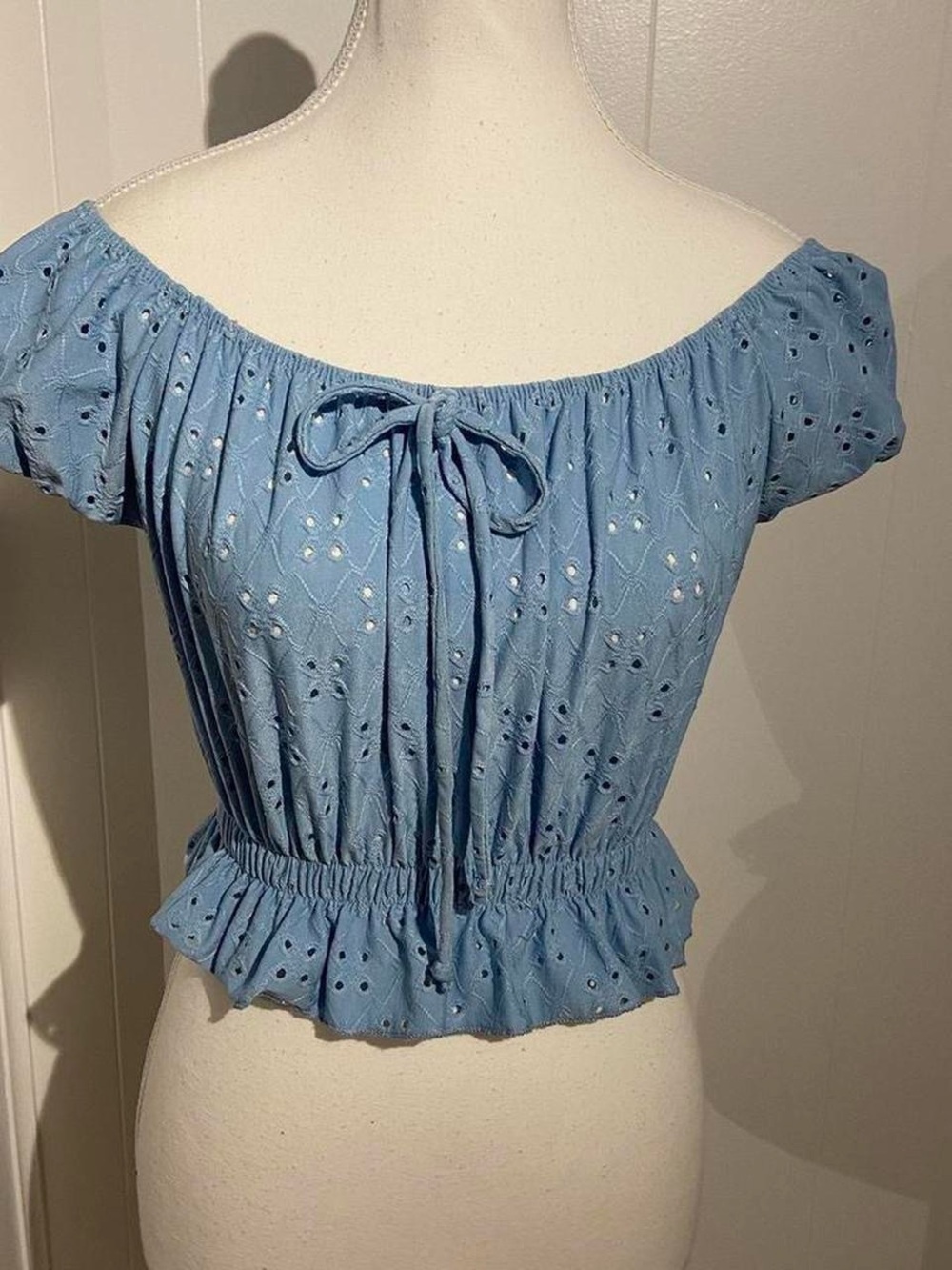 Light Blue Eyelet Off-Shoulder Crop Top
